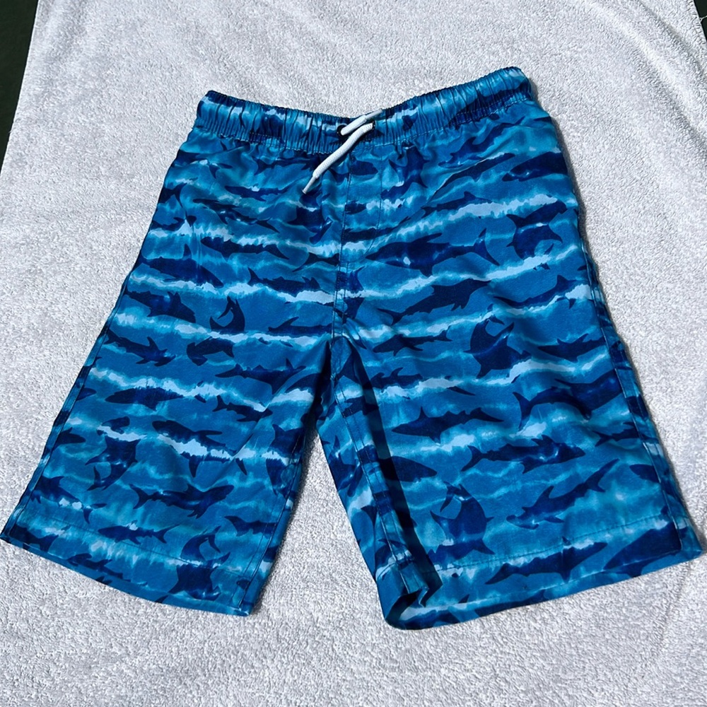 Lands End Boys Blue Shark Bathing Suit Sz Medium/ 10S-12S Used Great Shape